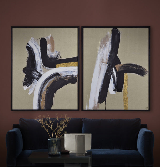 Ilya 2-Piece Set of Hand Painted Linen Matte Gold Leaf Accent with Black Framed Art - Oclion.com